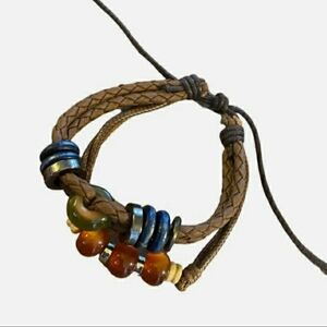 Braided Leather Bracelet with Multicolor Beads